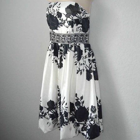 Sz M XXI Forever 21 Black & White Floral Strapless Semiformal Dress - Picture 1 of 8
